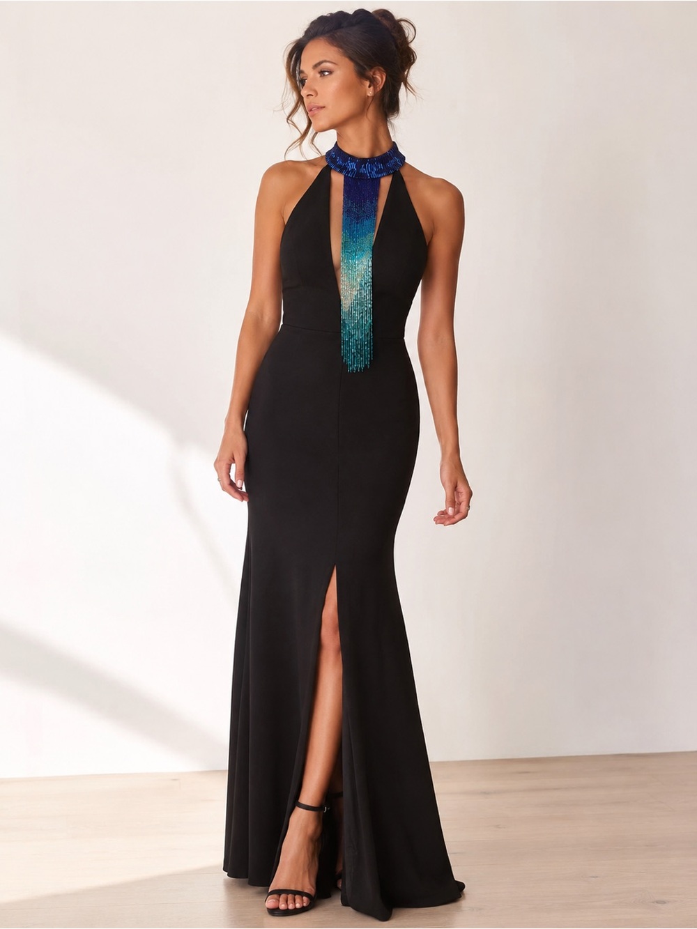 Rachel Allan Exclusive Black Beaded Halter Gown Illusion Plunge Open Back Formal